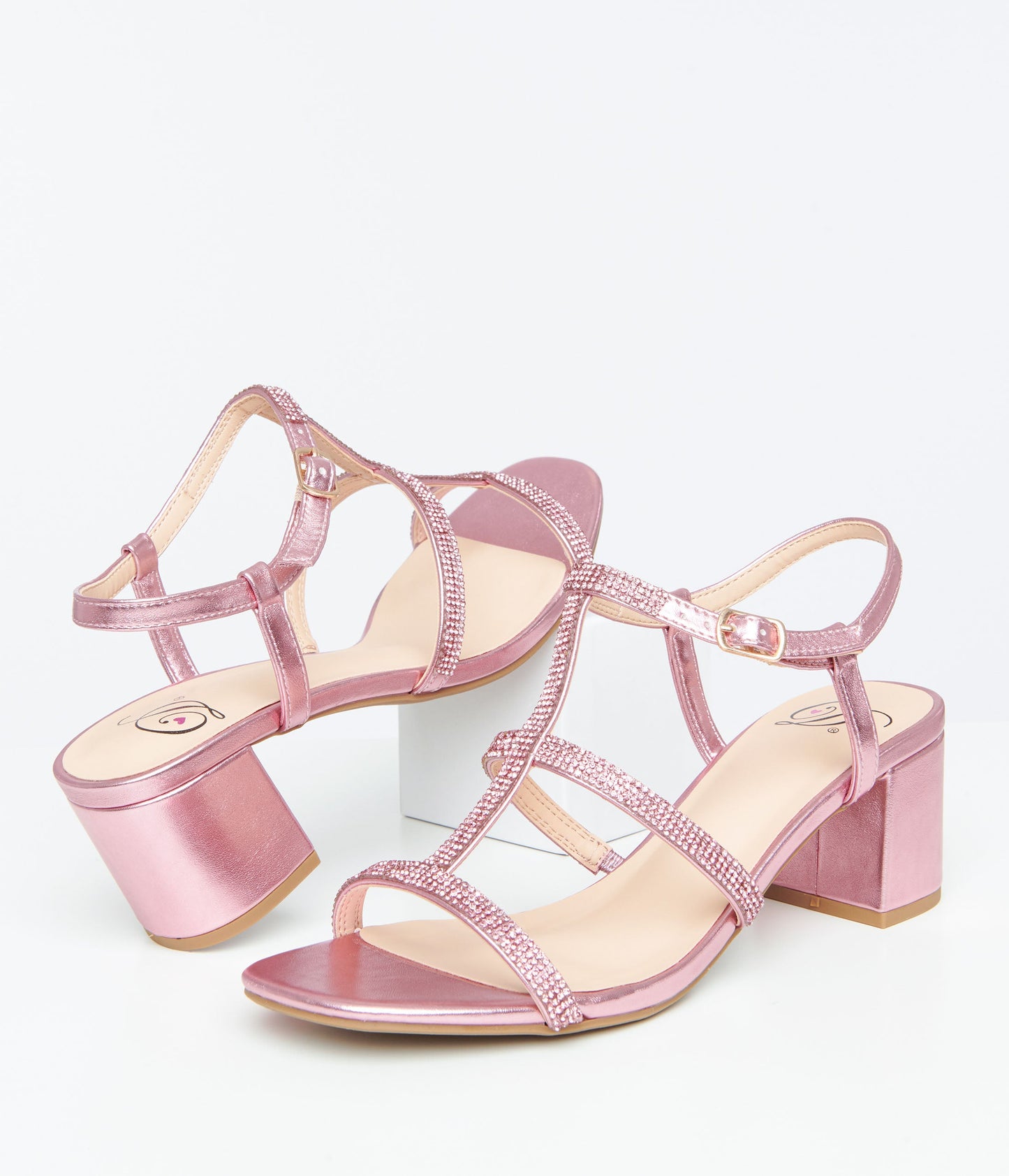 Pink Rhinestone Leatherette T-Strap Heels - Unique Vintage - Womens, SHOES, HEELS