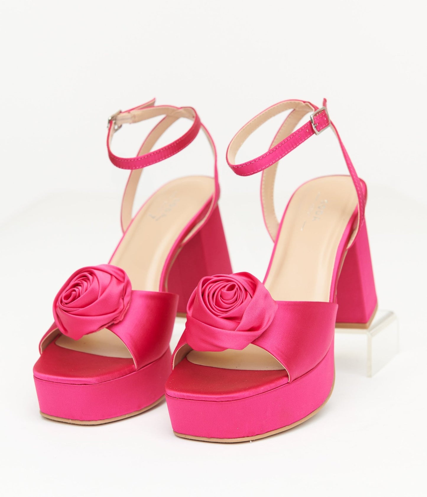 Pink Rosette Satin Platform Heels - Unique Vintage - Womens, SHOES, SANDALS