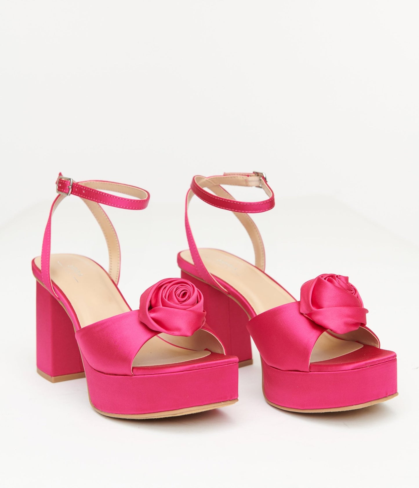 Pink Rosette Satin Platform Heels - Unique Vintage - Womens, SHOES, SANDALS