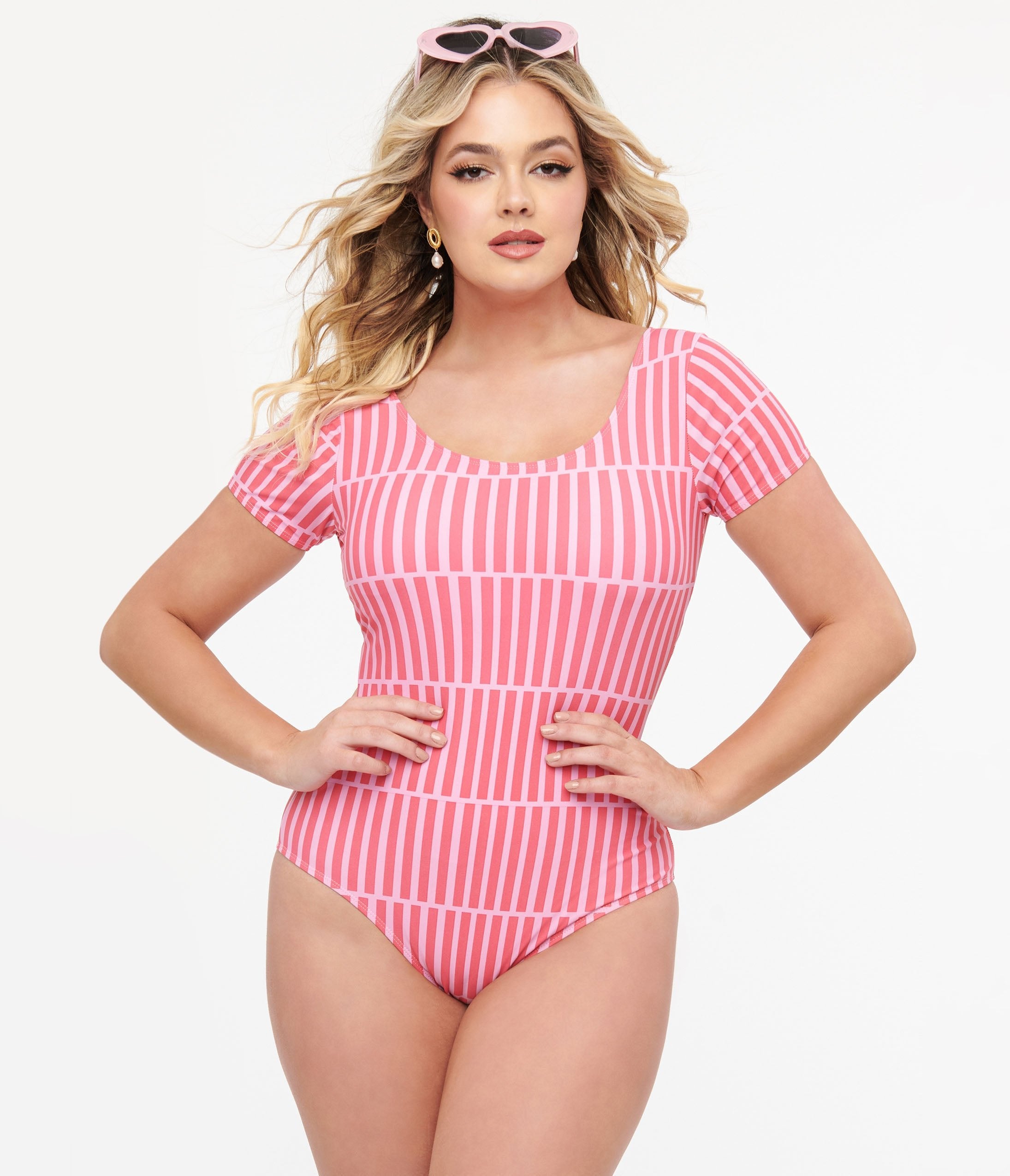 Pink Stripe Sleeved One Piece Swimsuit Unique Vintage
