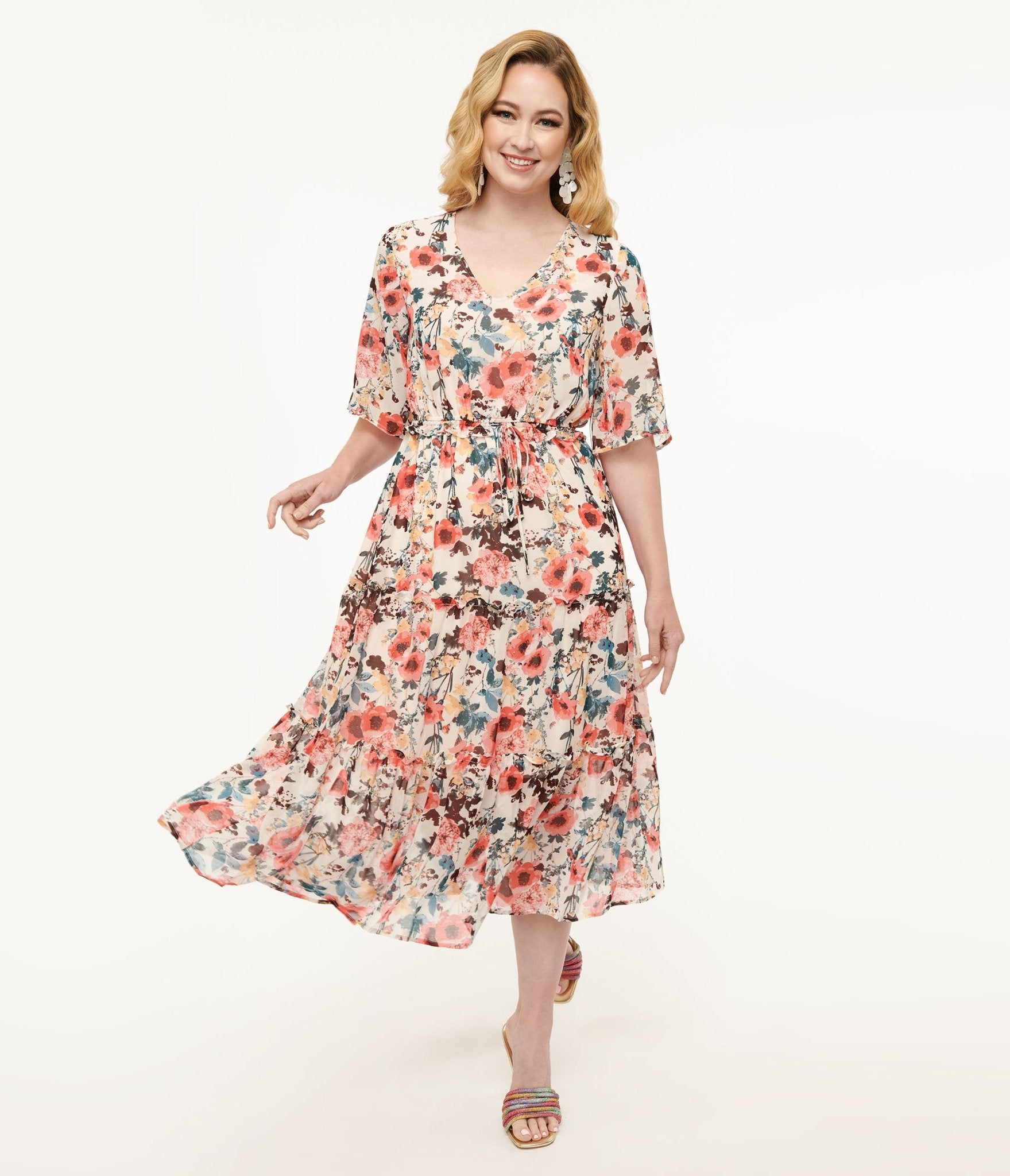 Pink Tropical Flower Chiffon Midi Dress - Unique Vintage - Womens, DRESSES, MIDI