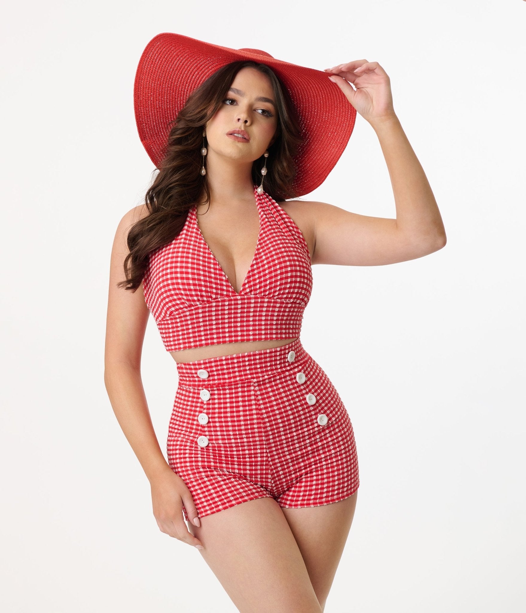 Pinky Pinups 1960s Red & White Gingham Halter Swim Top - Unique Vintage - Womens, SWIM, TOP