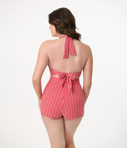 Pinky Pinups 1960s Red & White Gingham Halter Swim Top - Unique Vintage - Womens, SWIM, TOP