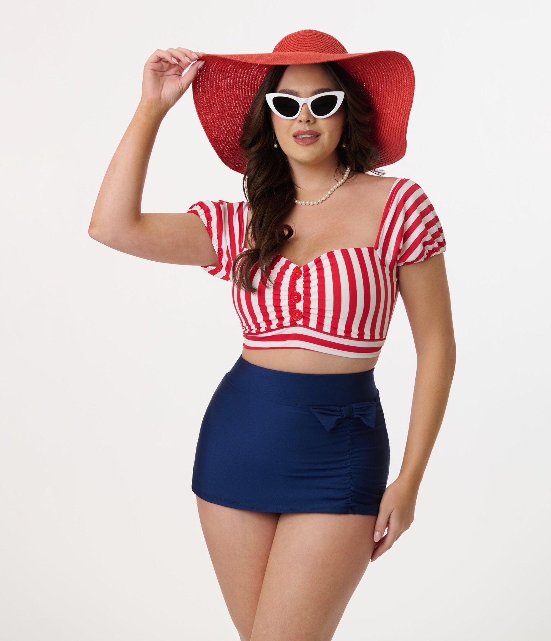 Pinky Pinups Navy Bow High Waist Swim Skirt - Unique Vintage - Womens, SWIM, BOTTOM