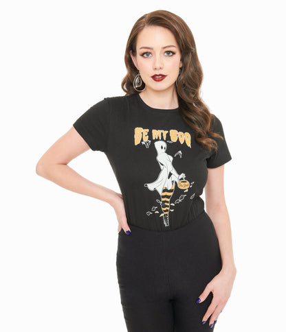 PinRock Shop 1950s Black & Orange Be My Boo Graphic Tee - Unique Vintage - Womens, HALLOWEEN, GRAPHIC TEES