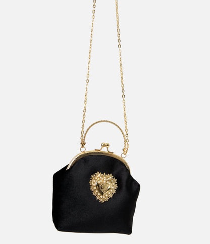 PinRock Shop Black Velvet & Gold Heart Handbag - Unique Vintage - Womens, ACCESSORIES, HANDBAGS