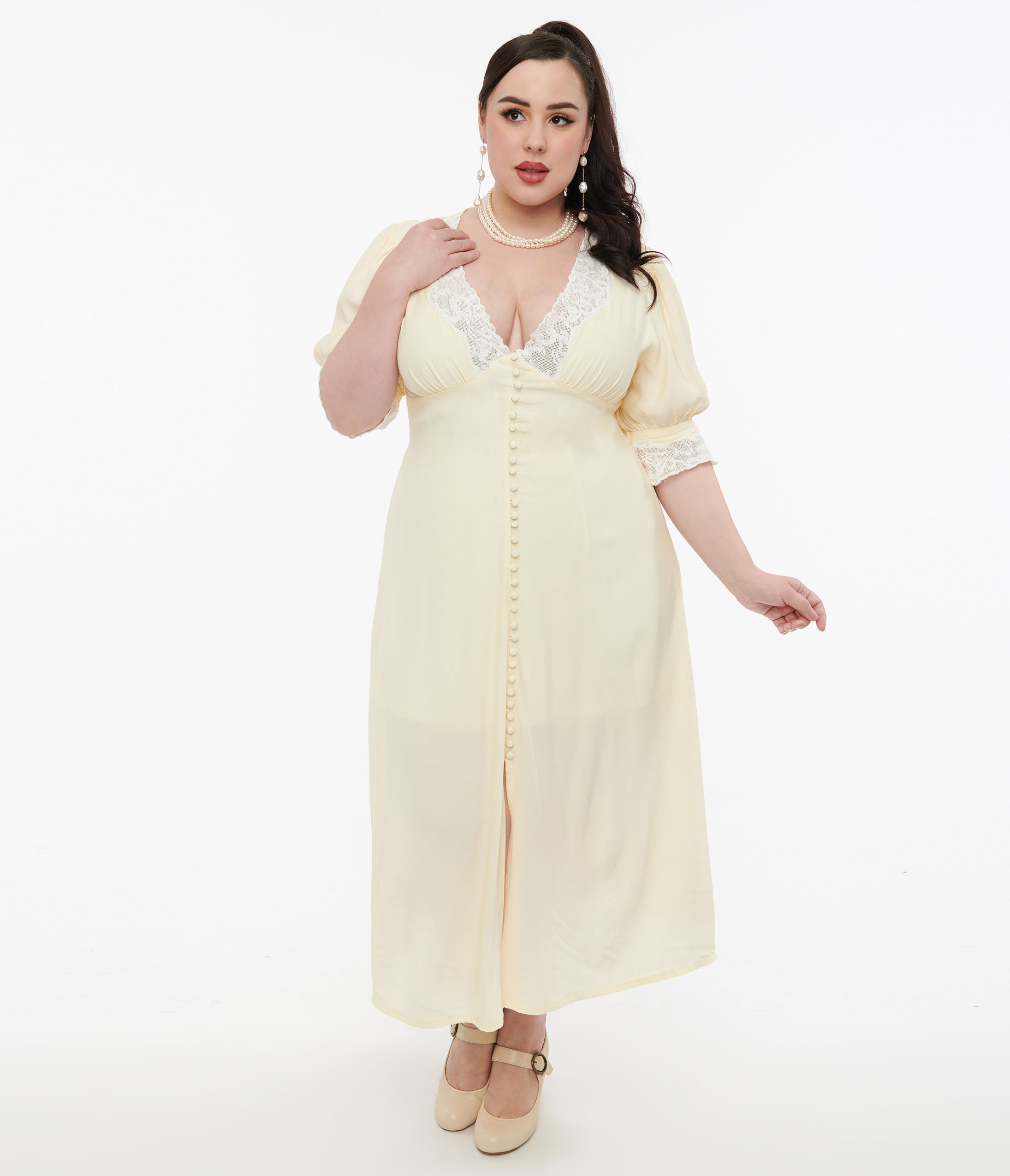 Plus Size 1930s Cream & White Lace Midi Dress – Unique Vintage