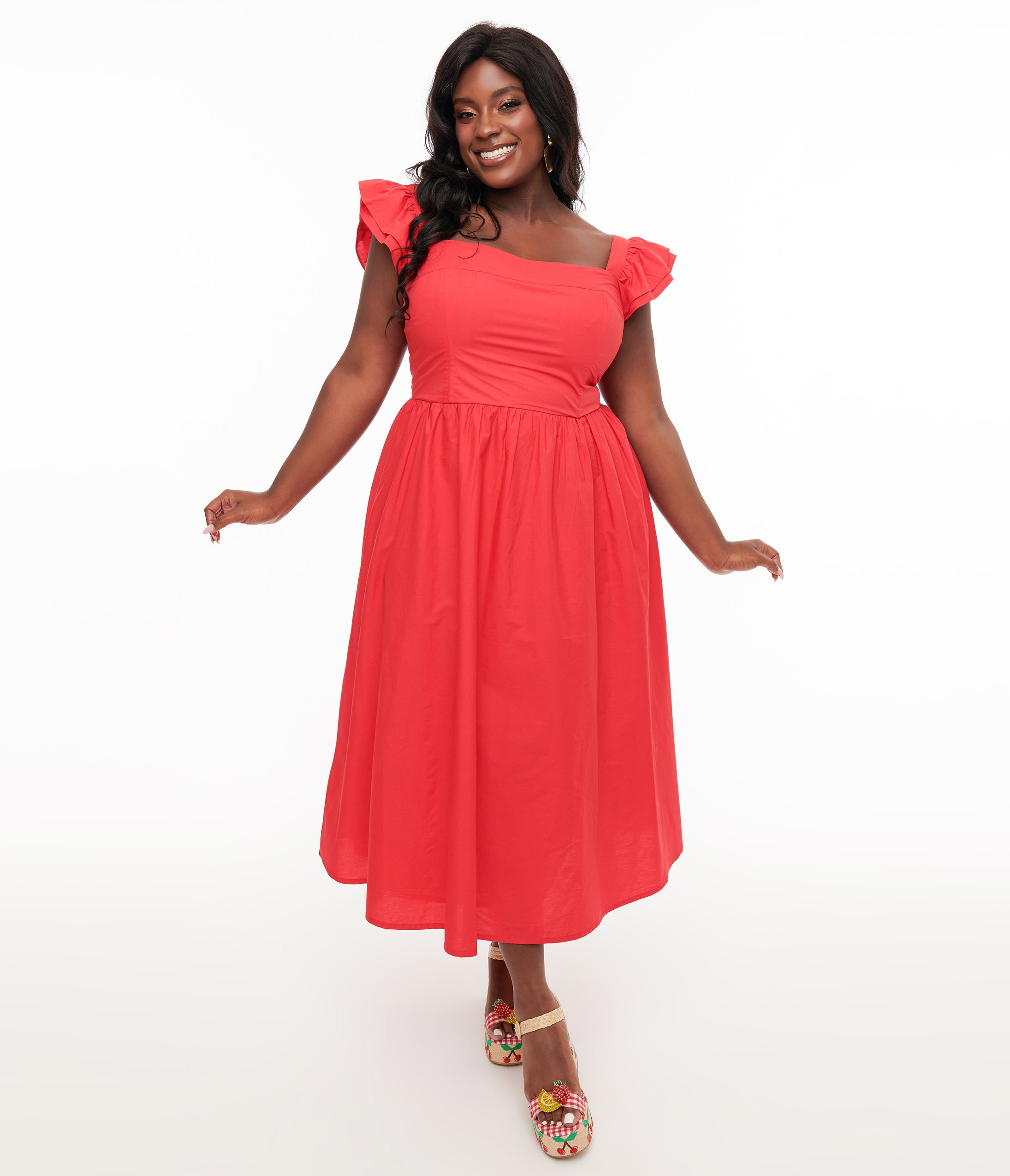 Plus Size 1930s Red Flutter Sleeve Poplin Midi Dress – Unique Vintage