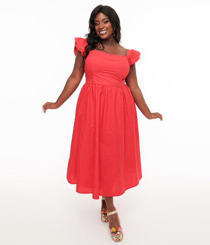 Plus Size 1930s Red Flutter Sleeve Poplin Midi Dress - Unique Vintage - Womens, DRESSES, MIDI