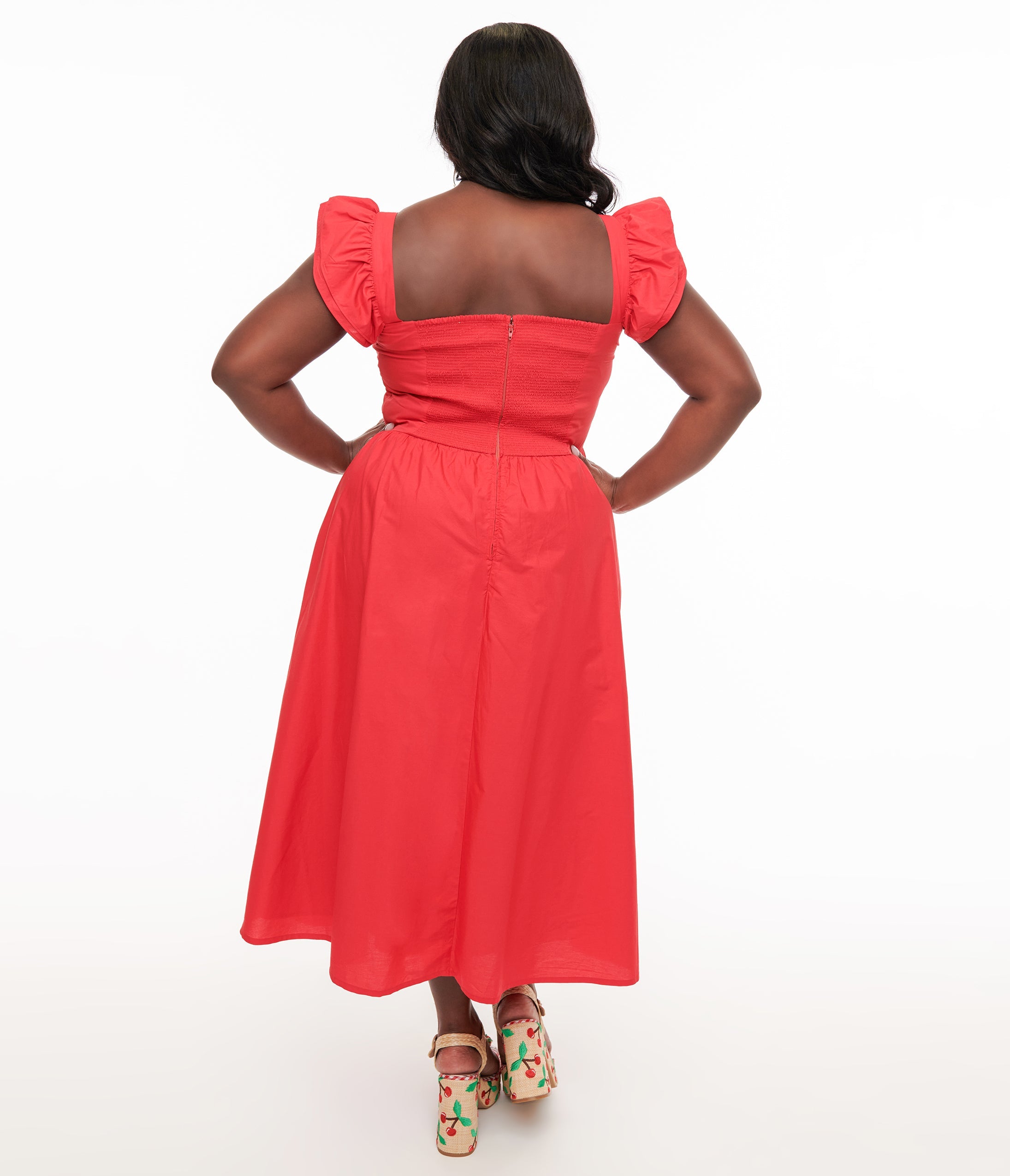 Plus Size 1930s Red Flutter Sleeve Poplin Midi Dress – Unique Vintage