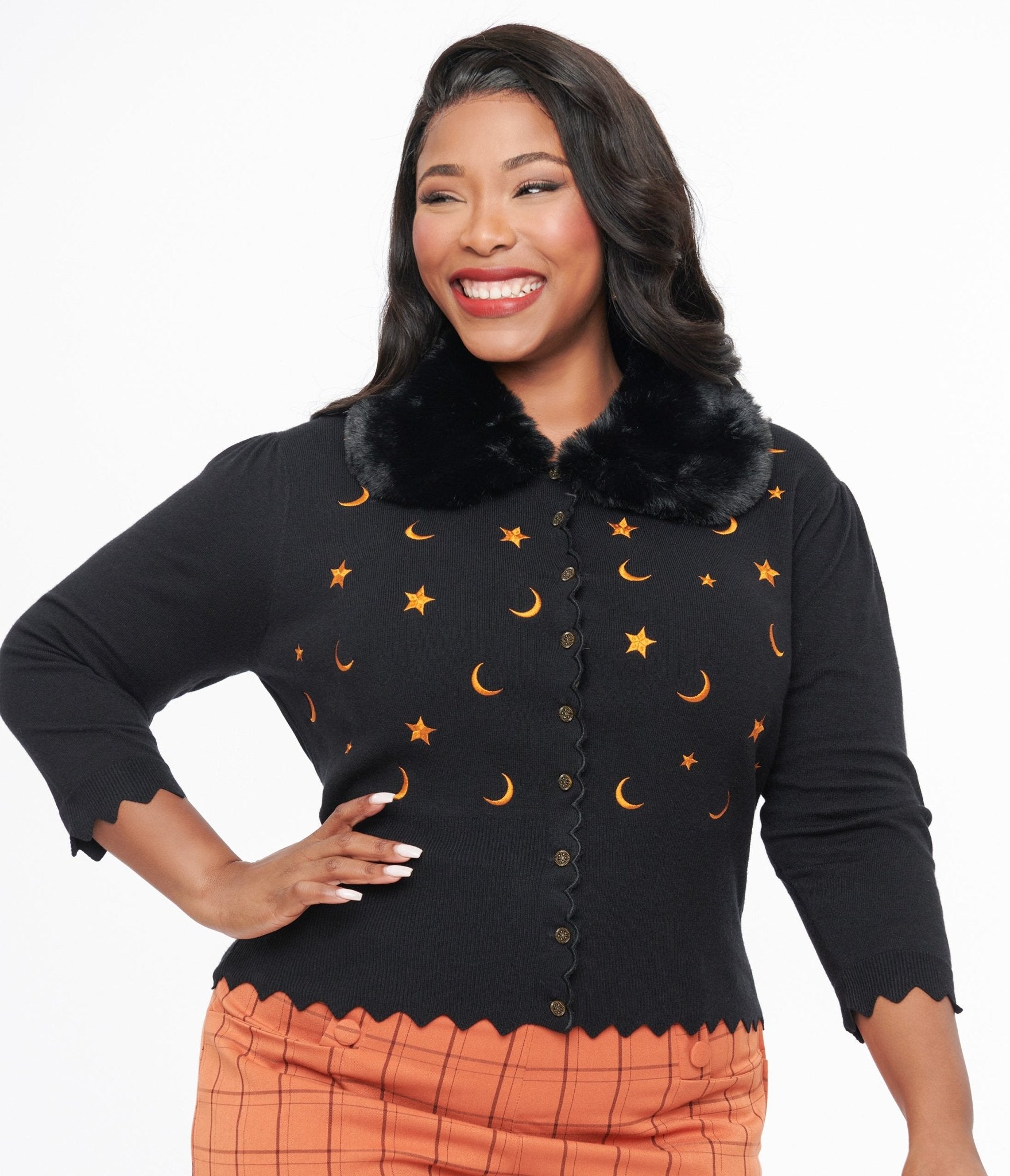 Plus Size 1950s Black & Orange Half Moon Cardigan - Unique Vintage - Womens, HALLOWEEN, TOPS