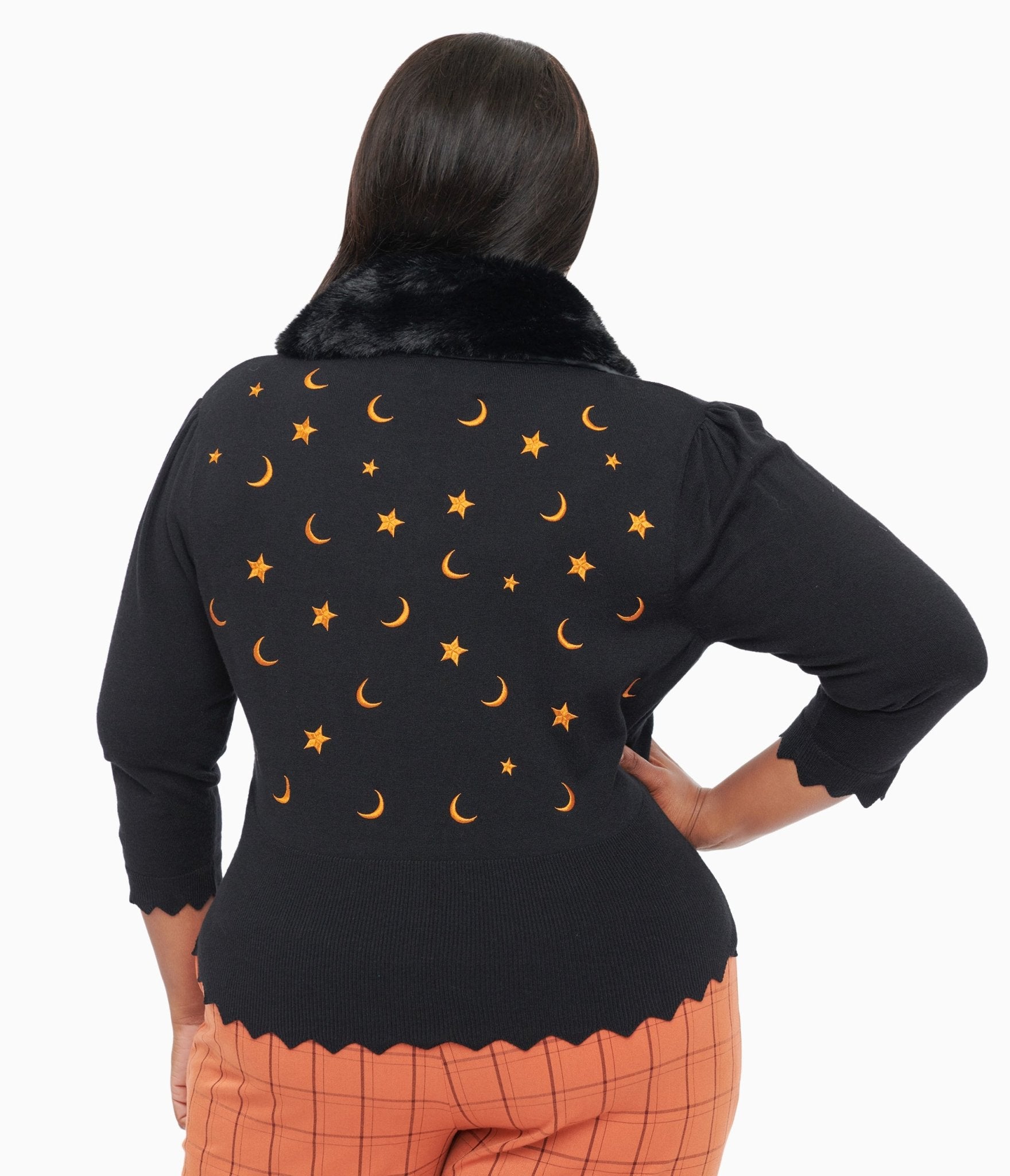 Plus Size 1950s Black & Orange Half Moon Cardigan - Unique Vintage - Womens, HALLOWEEN, TOPS