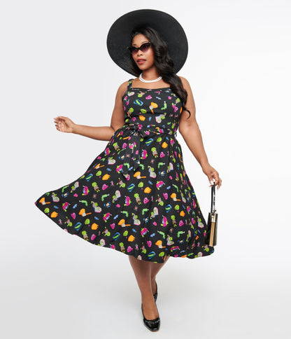 Plus Size 1950s Black Zombie Print Lori Swing Dress - Unique Vintage - Womens, HALLOWEEN, DRESSES