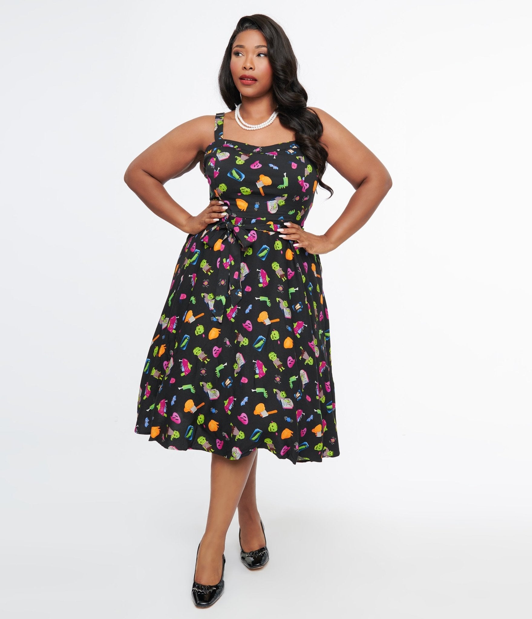 Plus Size 1950s Black Zombie Print Lori Swing Dress - Unique Vintage - Womens, HALLOWEEN, DRESSES