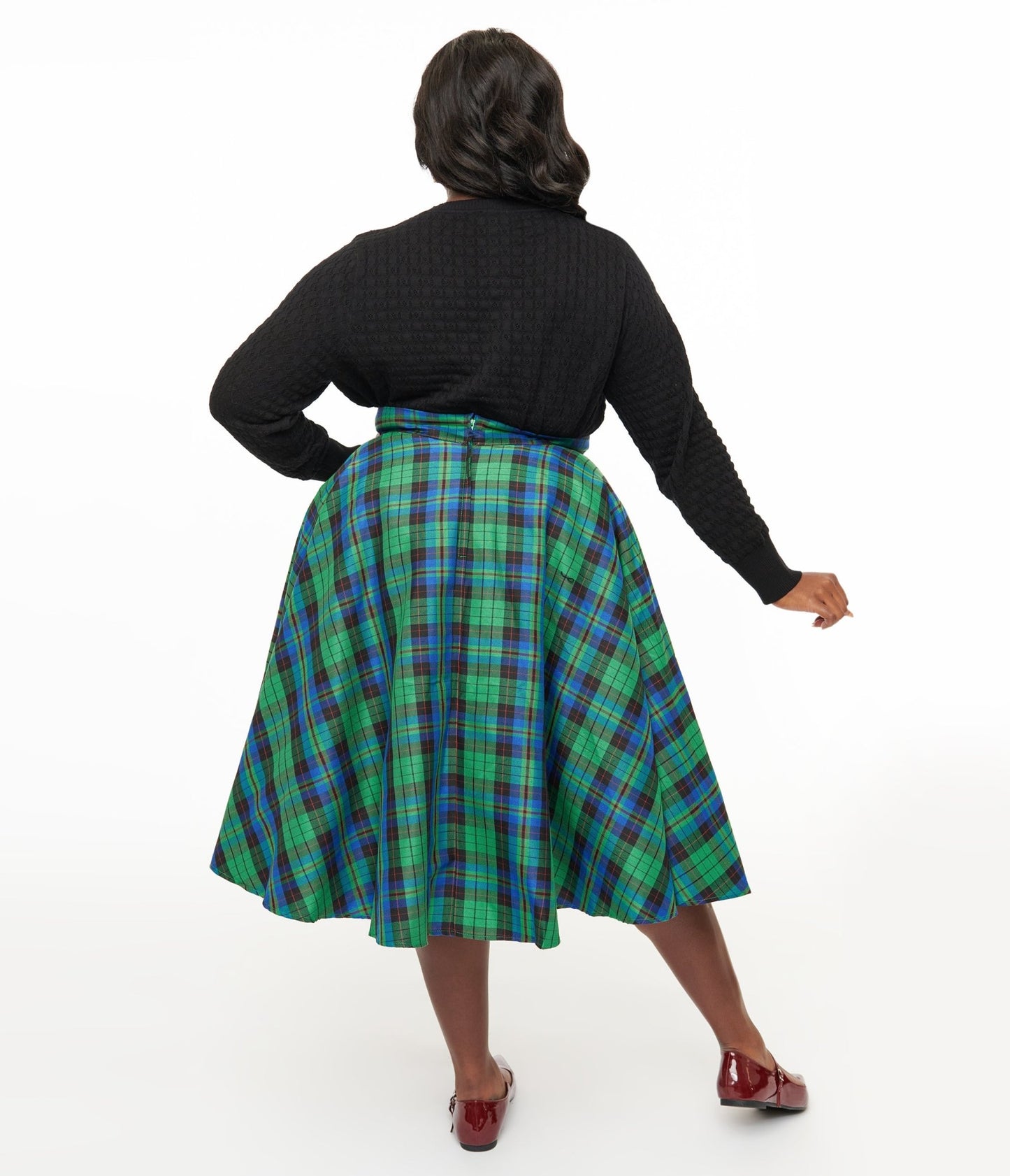 Plus Size 1950s Green & Blue Winter Check Swing Skirt - Unique Vintage - Womens, BOTTOMS, SKIRTS