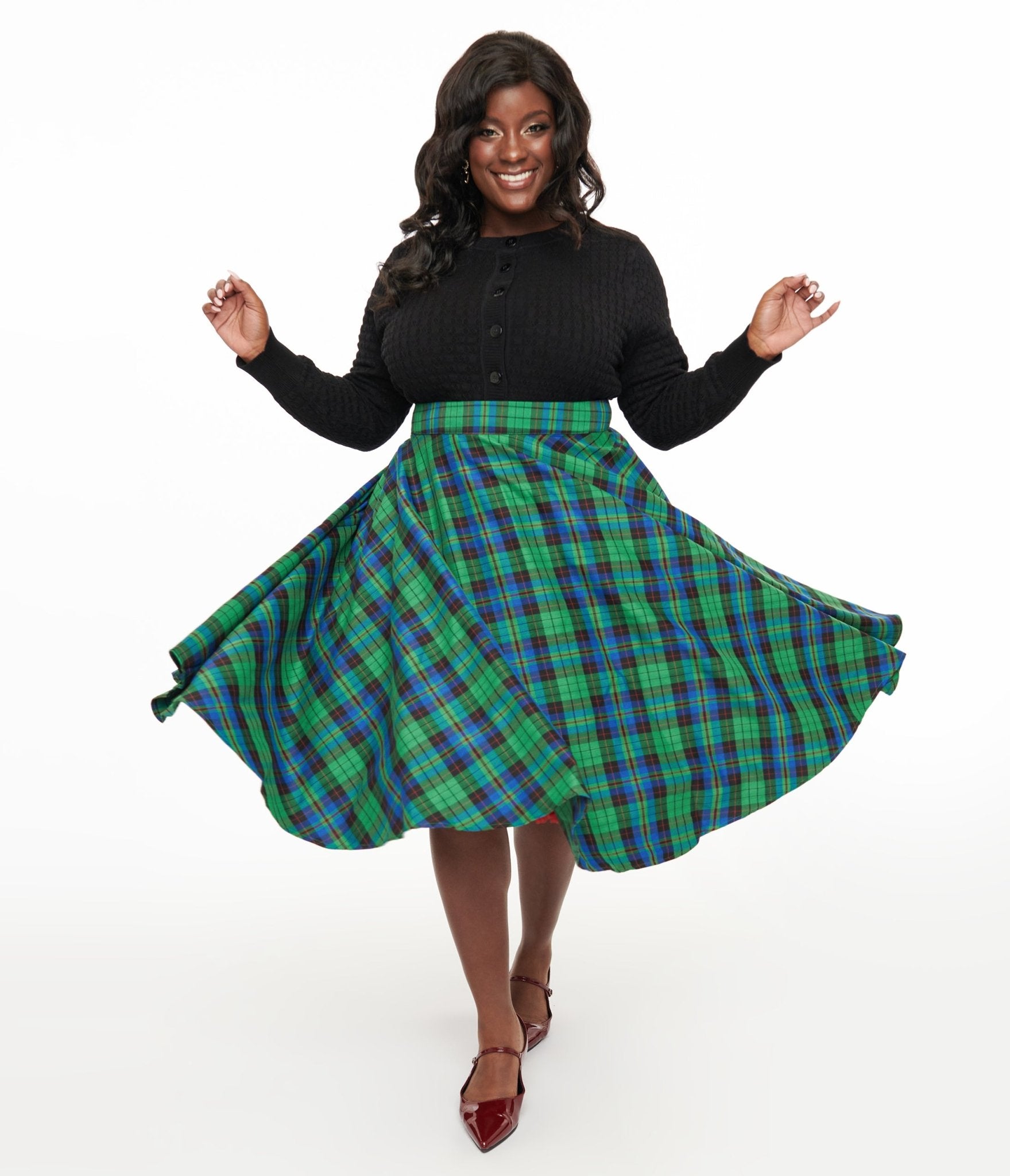 Plus Size 1950s Green & Blue Winter Check Swing Skirt - Unique Vintage - Womens, BOTTOMS, SKIRTS