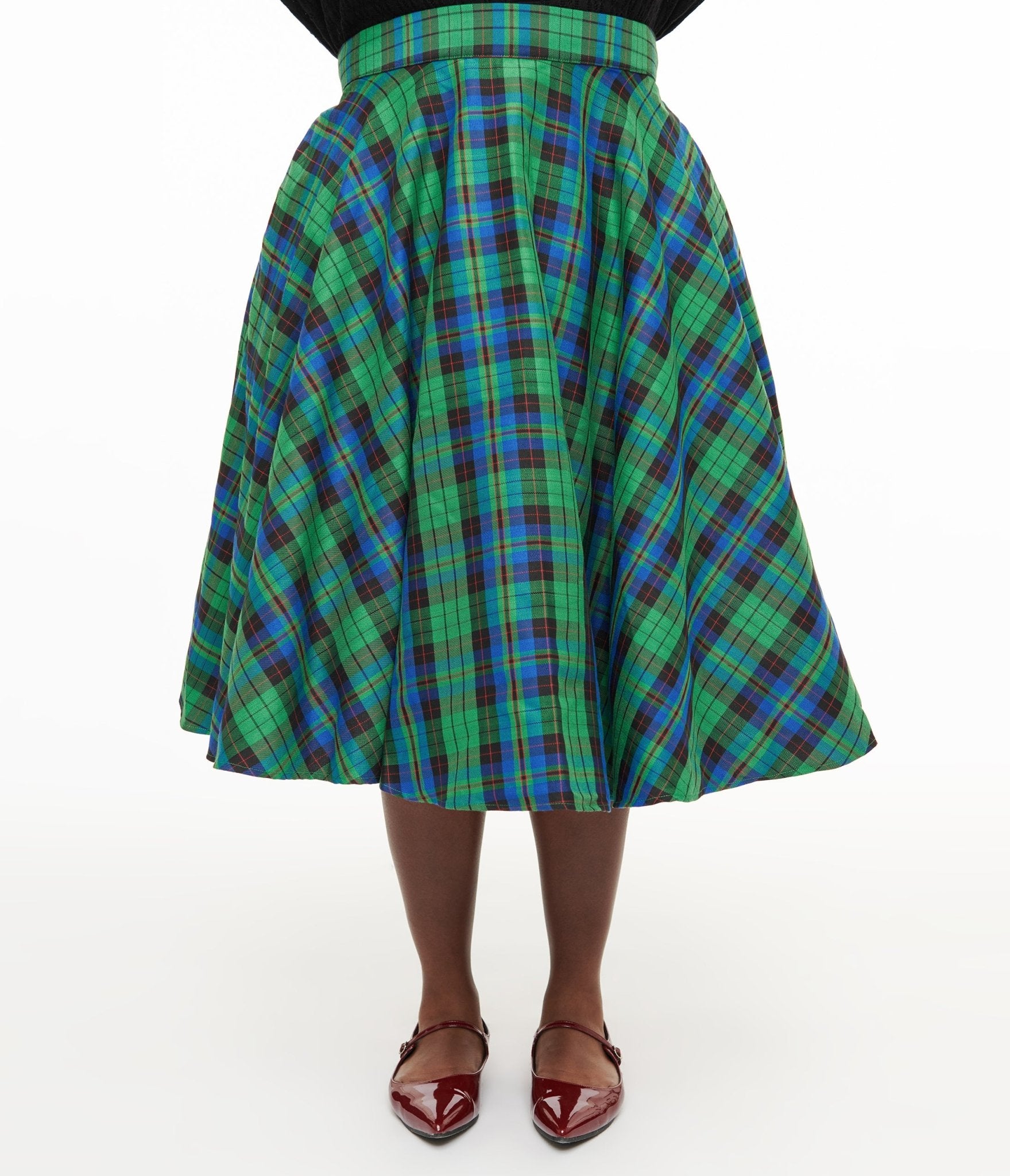 Plus Size 1950s Green & Blue Winter Check Swing Skirt - Unique Vintage - Womens, BOTTOMS, SKIRTS