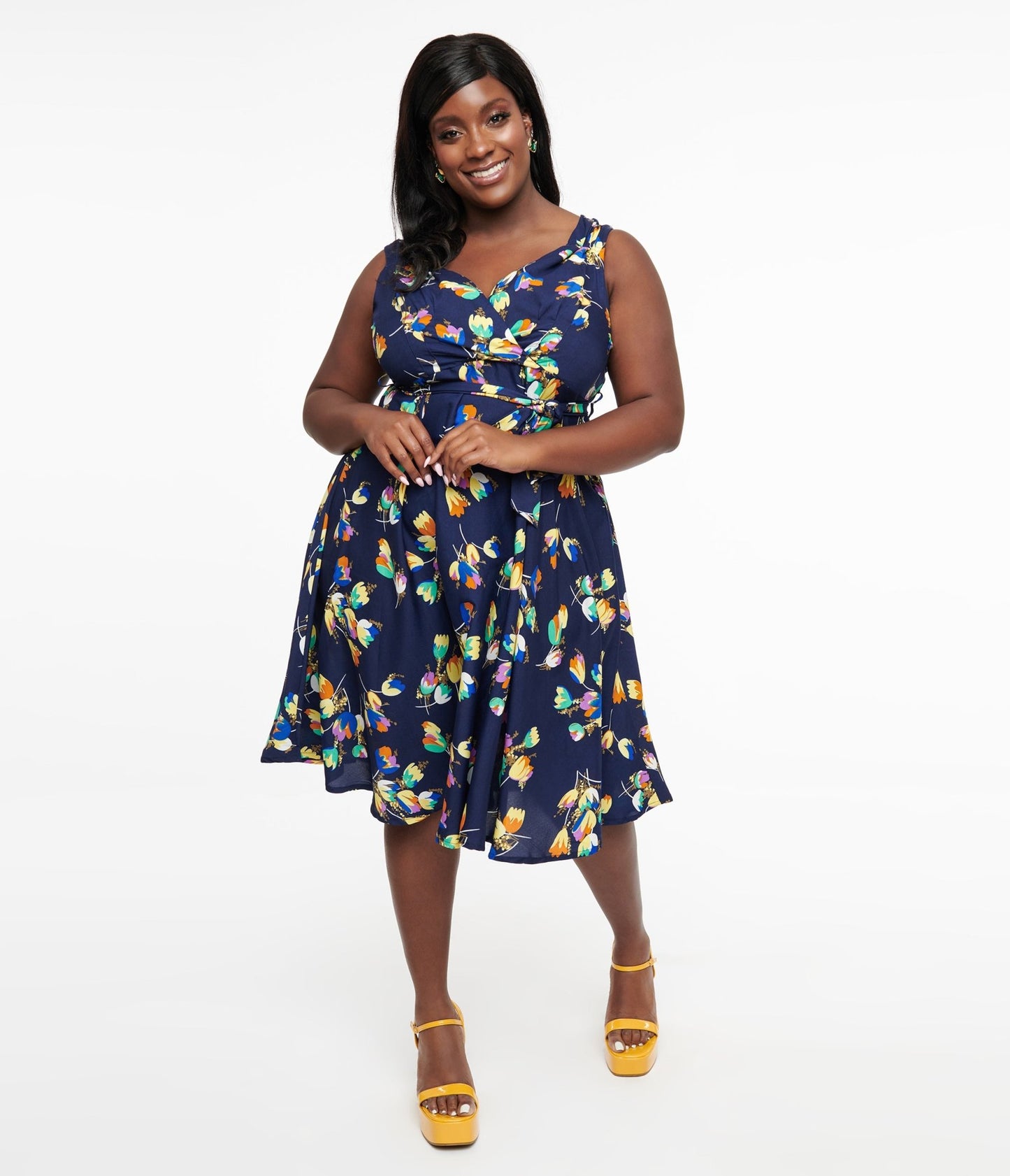 Plus Size 1950s Navy Floral Print Swing Dress - Unique Vintage - Womens, DRESSES, SWING