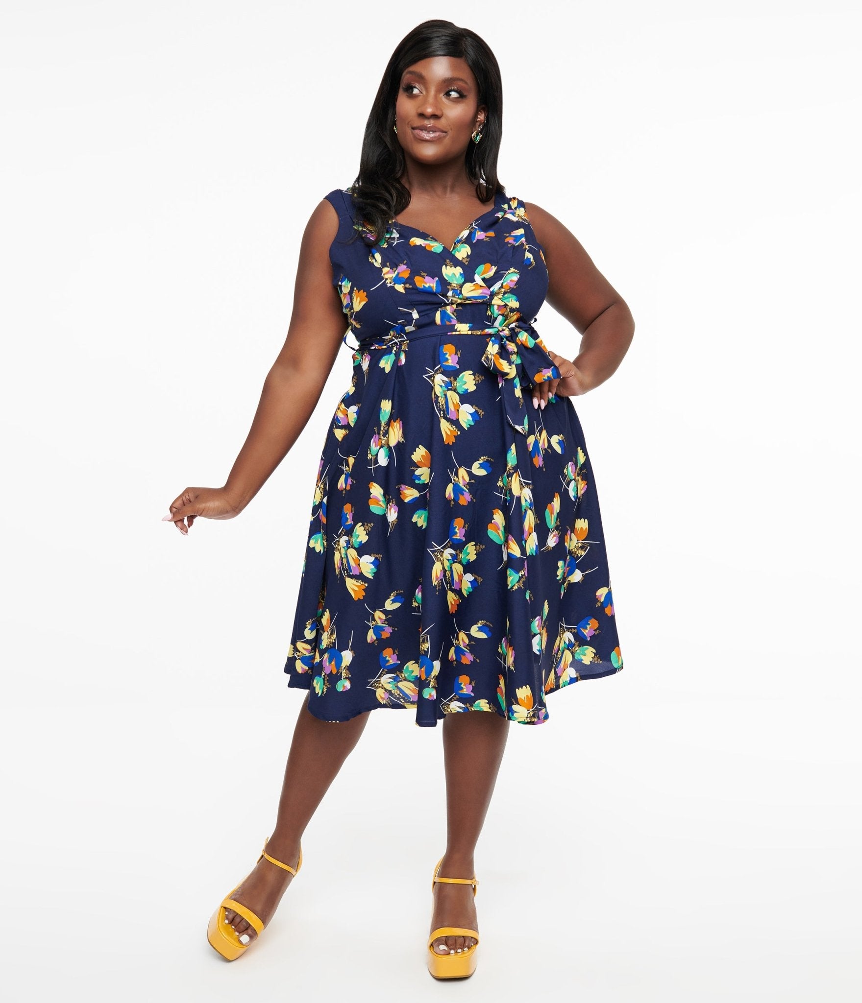 Plus Size 1950s Navy Floral Print Swing Dress - Unique Vintage - Womens, DRESSES, SWING