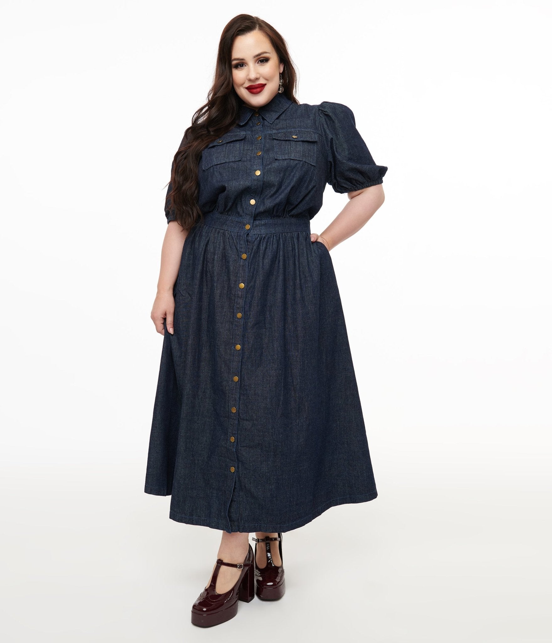 Plus Size Blue Denim Get The Look Midi Dress - Unique Vintage - Womens, DRESSES, MIDI