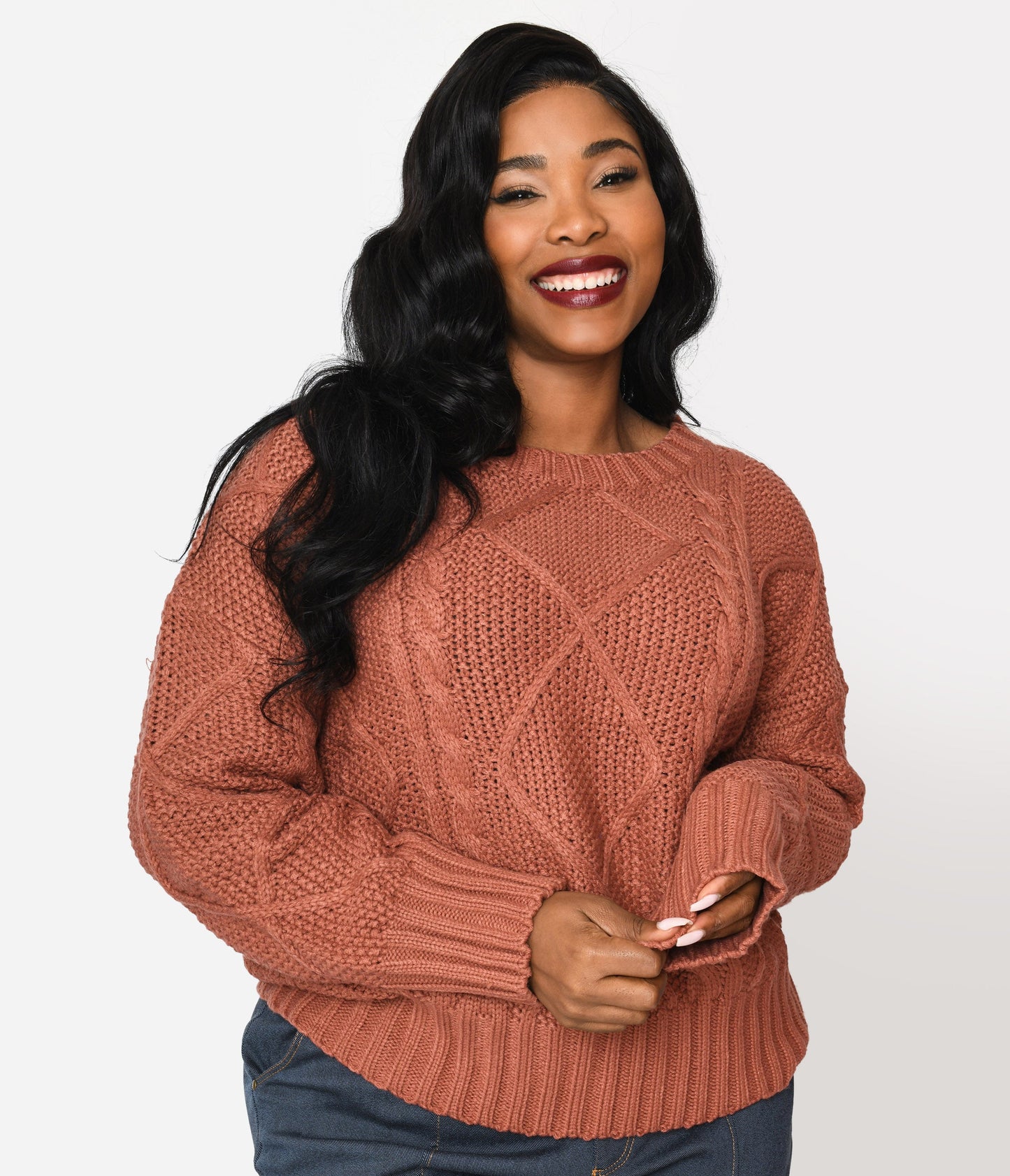 Plus Size Brick Red Cable Knit Oversize Sweater - Unique Vintage - Womens, TOPS, SWEATERS