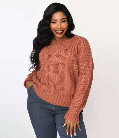 Plus Size Brick Red Cable Knit Oversize Sweater - Unique Vintage - Womens, TOPS, SWEATERS