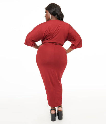 Plus Size Burgundy Ruched Wiggle Dress - Unique Vintage - Womens, DRESSES, WIGGLE