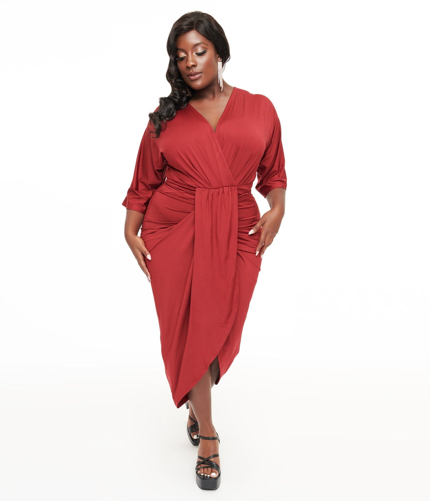 Plus Size Burgundy Ruched Wiggle Dress - Unique Vintage - Womens, DRESSES, WIGGLE