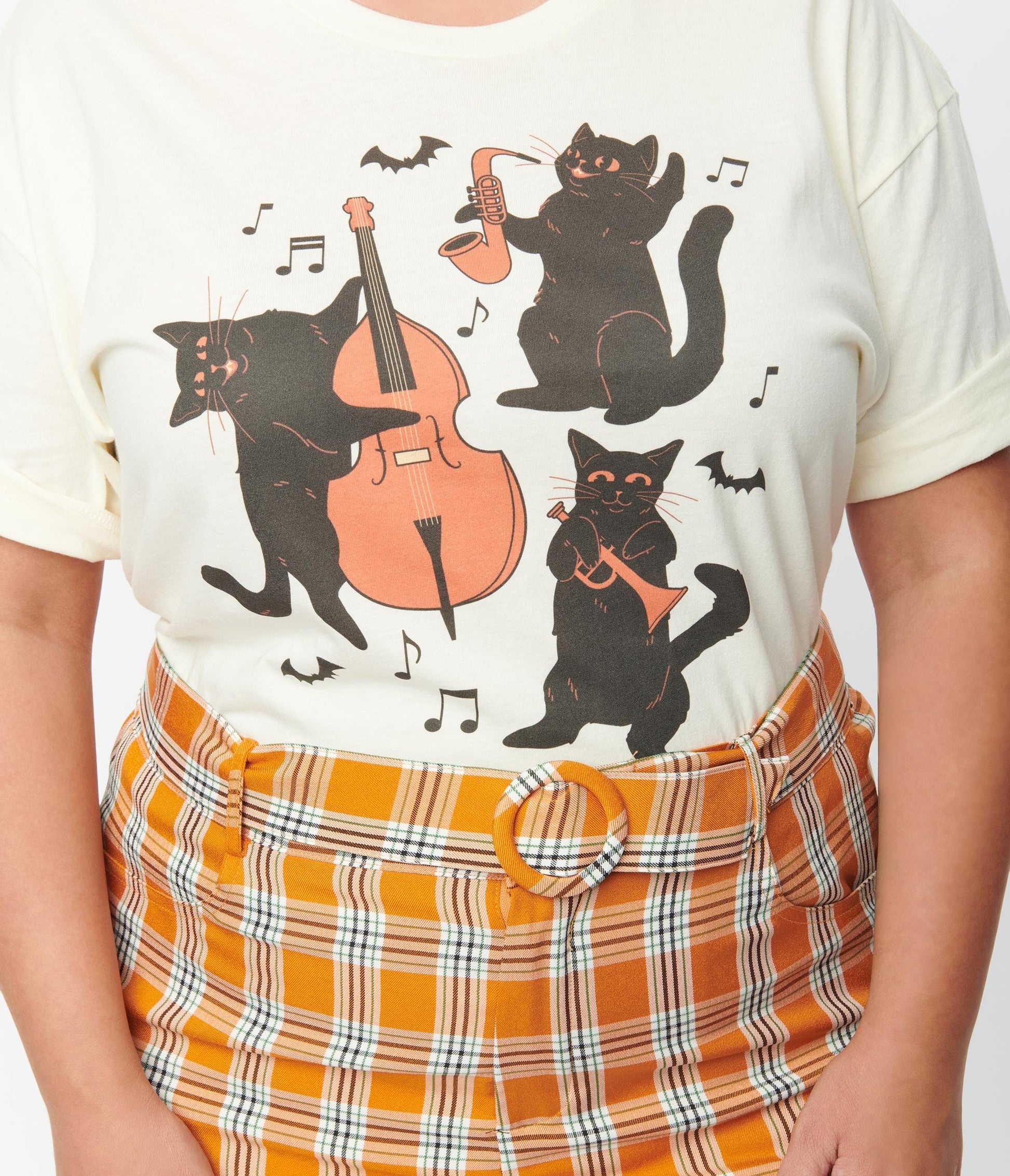 Plus Size Cream Jazz Cats Unisex Graphic Tee - Unique Vintage - Womens, HALLOWEEN, GRAPHIC TEES