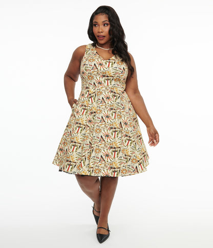 Plus Size Ivory & Tarot Card Print Cotton Swing Dress - Unique Vintage - Womens, DRESSES, FIT AND FLARE