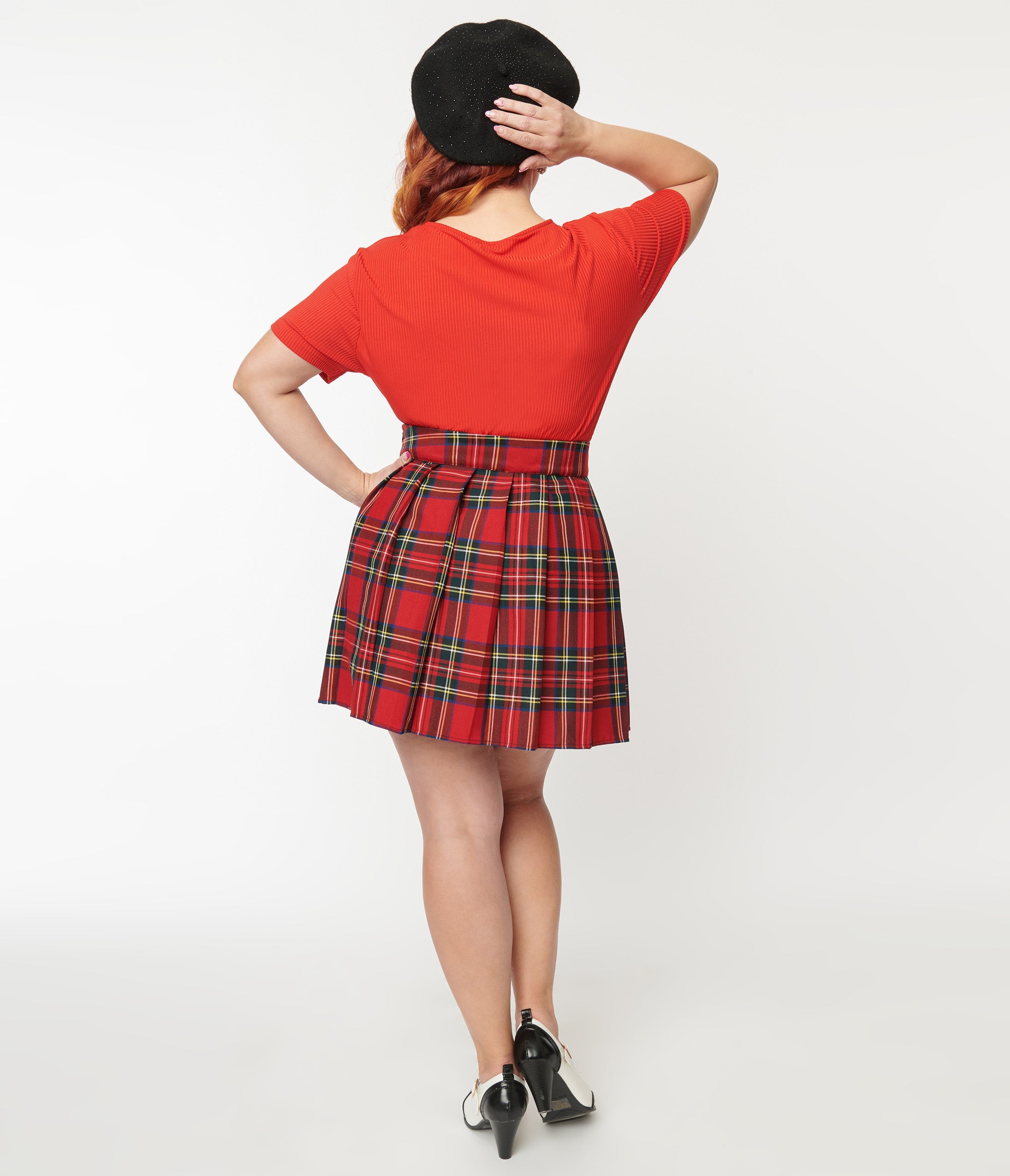 Plus Size Red Plaid Pleated Mini Skirt Unique Vintage