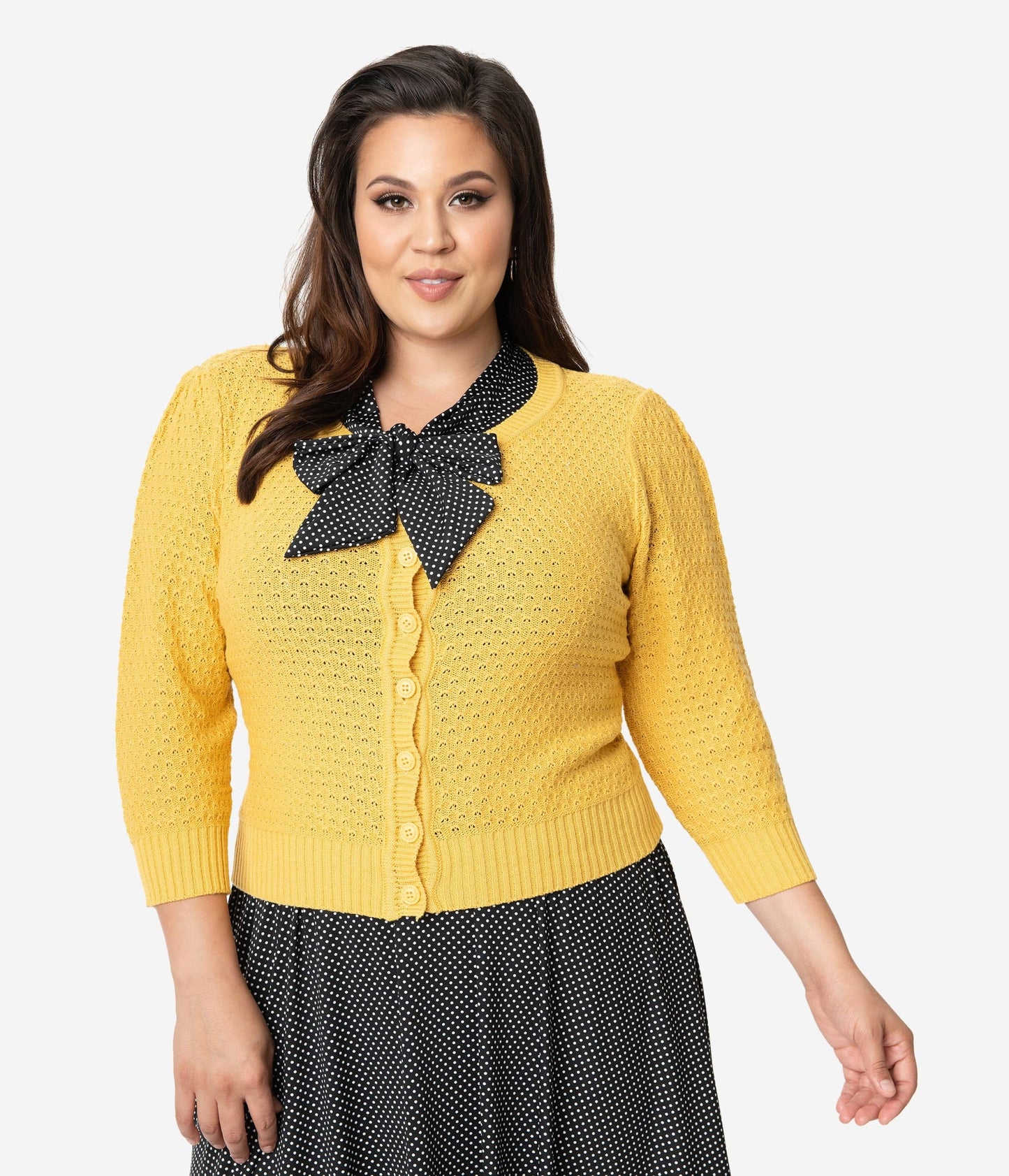 Plus Size Retro Style Honey Yellow Cotton Crochet Sleeved Button Cardigan - Unique Vintage - Womens, TOPS, SWEATERS