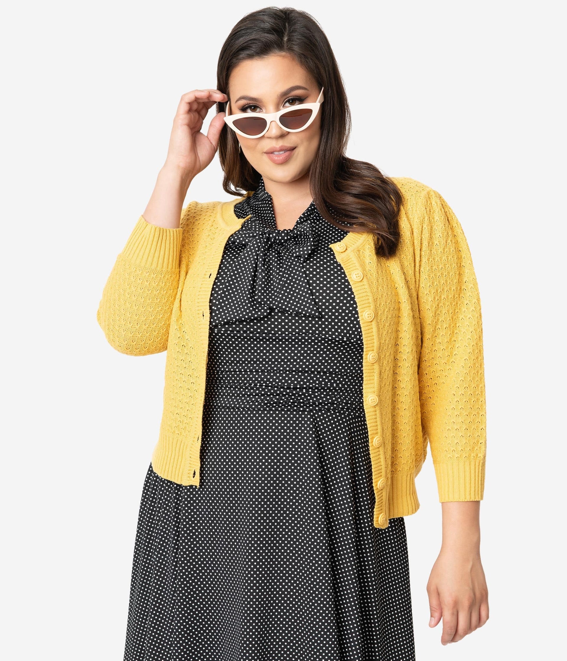 Plus Size Retro Style Honey Yellow Cotton Crochet Sleeved Button Cardigan - Unique Vintage - Womens, TOPS, SWEATERS