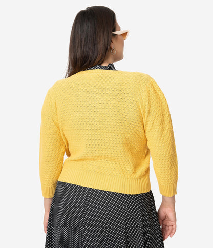 Plus Size Retro Style Honey Yellow Cotton Crochet Sleeved Button Cardigan - Unique Vintage - Womens, TOPS, SWEATERS