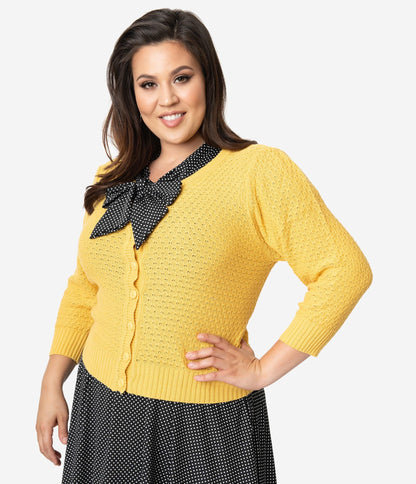 Plus Size Retro Style Honey Yellow Cotton Crochet Sleeved Button Cardigan - Unique Vintage - Womens, TOPS, SWEATERS