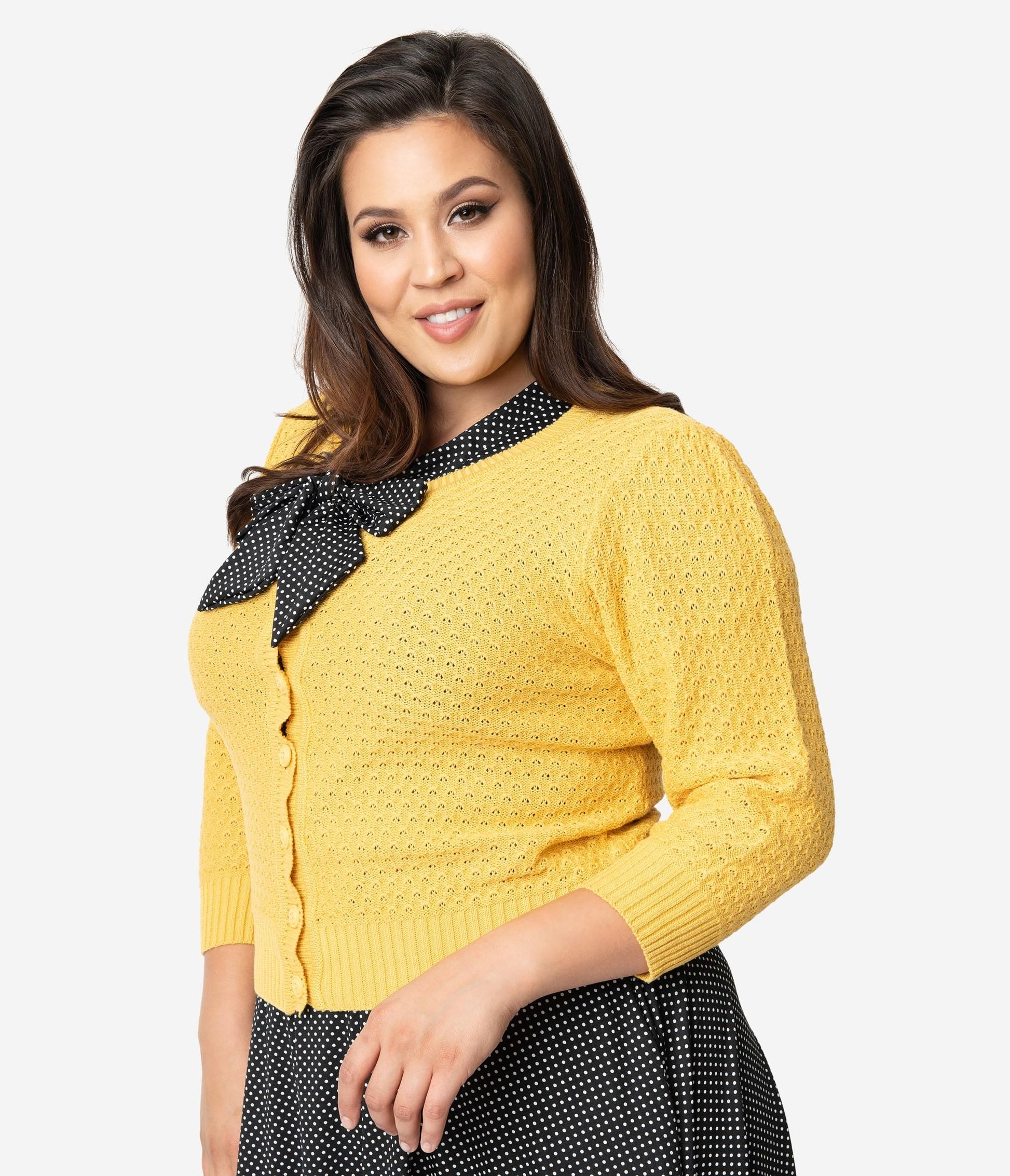 Plus Size Retro Style Honey Yellow Cotton Crochet Sleeved Button Cardigan - Unique Vintage - Womens, TOPS, SWEATERS