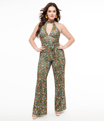 Smak Parlour 1960s Green & Orange Mushroom Glamour Goddess Jumpsuit - Unique Vintage - Womens, BOTTOMS, ROMPERS AND JUMPSUITS