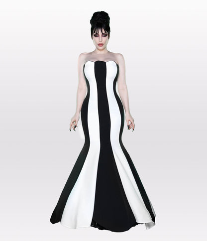 Preorder - Weasel Wear Black & White Striped Sandworm Gown - Unique Vintage - Womens, DRESSES, MAXI