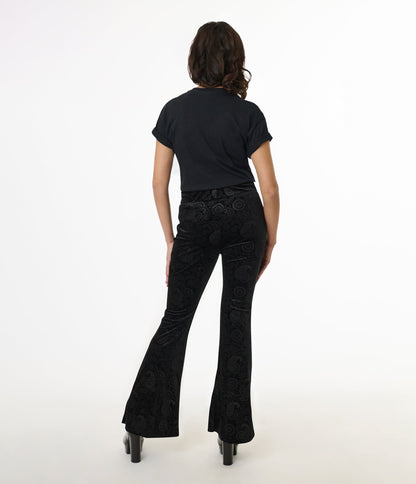 Pretty Attitude Clothing 1970s Black Burnout Velvet Lace Up Flare Pants - Unique Vintage - Womens, BOTTOMS, PANTS