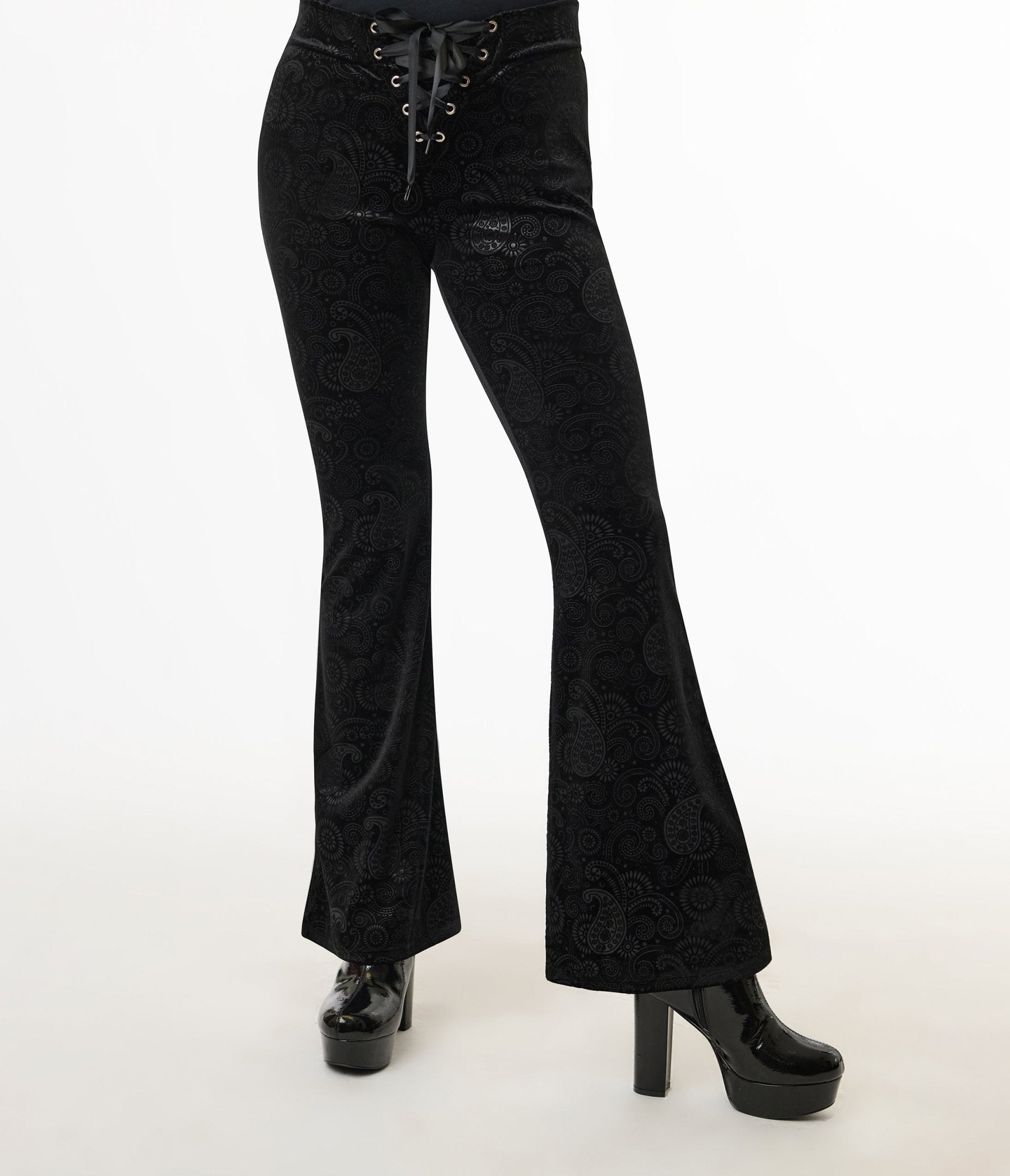 Pretty Attitude Clothing 1970s Black Burnout Velvet Lace Up Flare Pants - Unique Vintage - Womens, BOTTOMS, PANTS