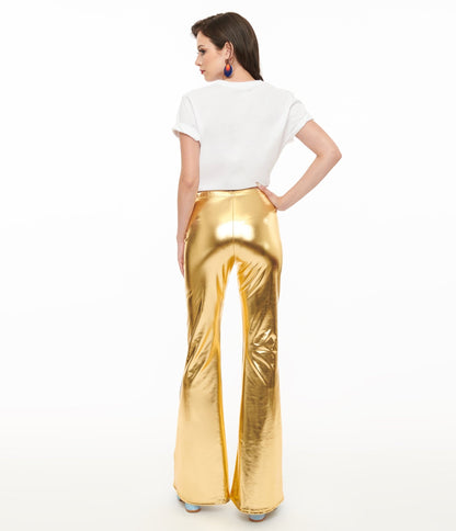 Pretty Attitude Clothing 1970s Gold Palazzo Flare Pants - Unique Vintage - Womens, BOTTOMS, PANTS