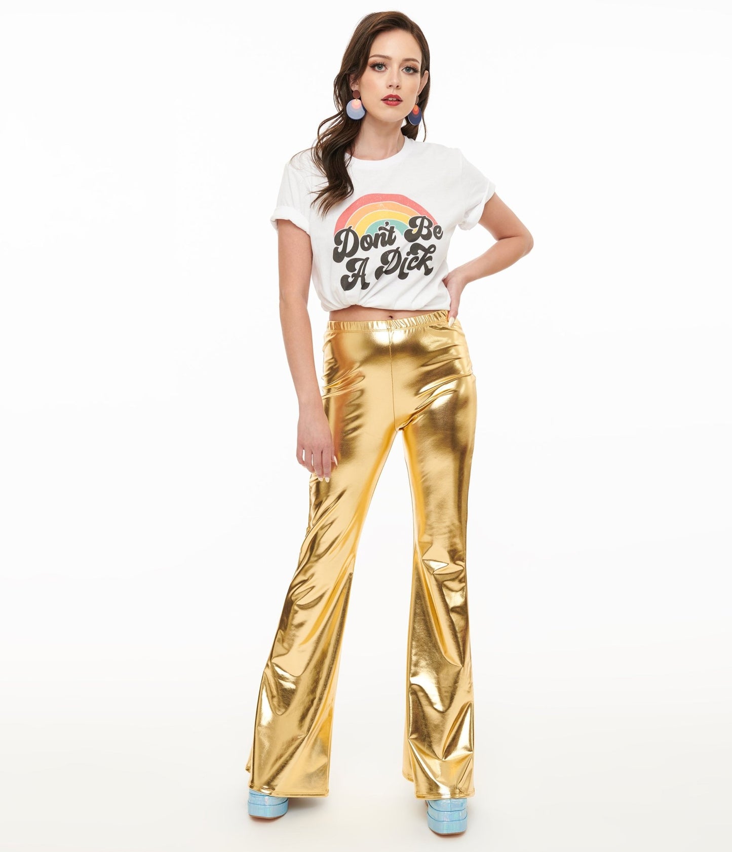 Pretty Attitude Clothing 1970s Gold Palazzo Flare Pants - Unique Vintage - Womens, BOTTOMS, PANTS