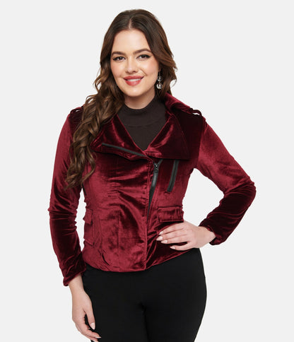 Pretty Attitude Clothing Burgundy Velvet You Could Be Mine Moto Jacket - Unique Vintage - Womens, TOPS, OUTERWEAR