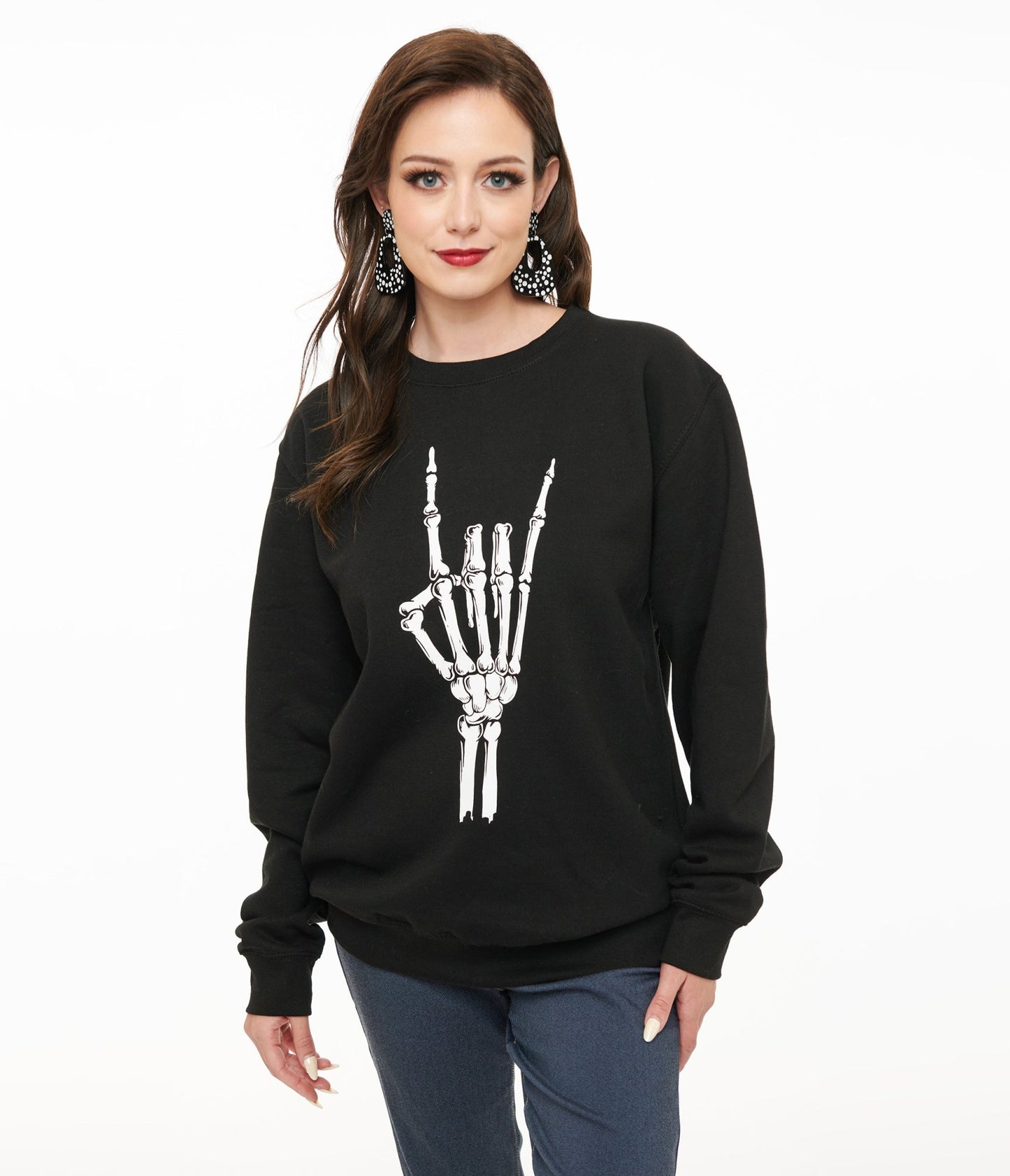 Pretty Attitude Clothing Metal Horns Skeleton Hand Sweatshirt - Unique Vintage - Womens, TOPS, SWEATERS