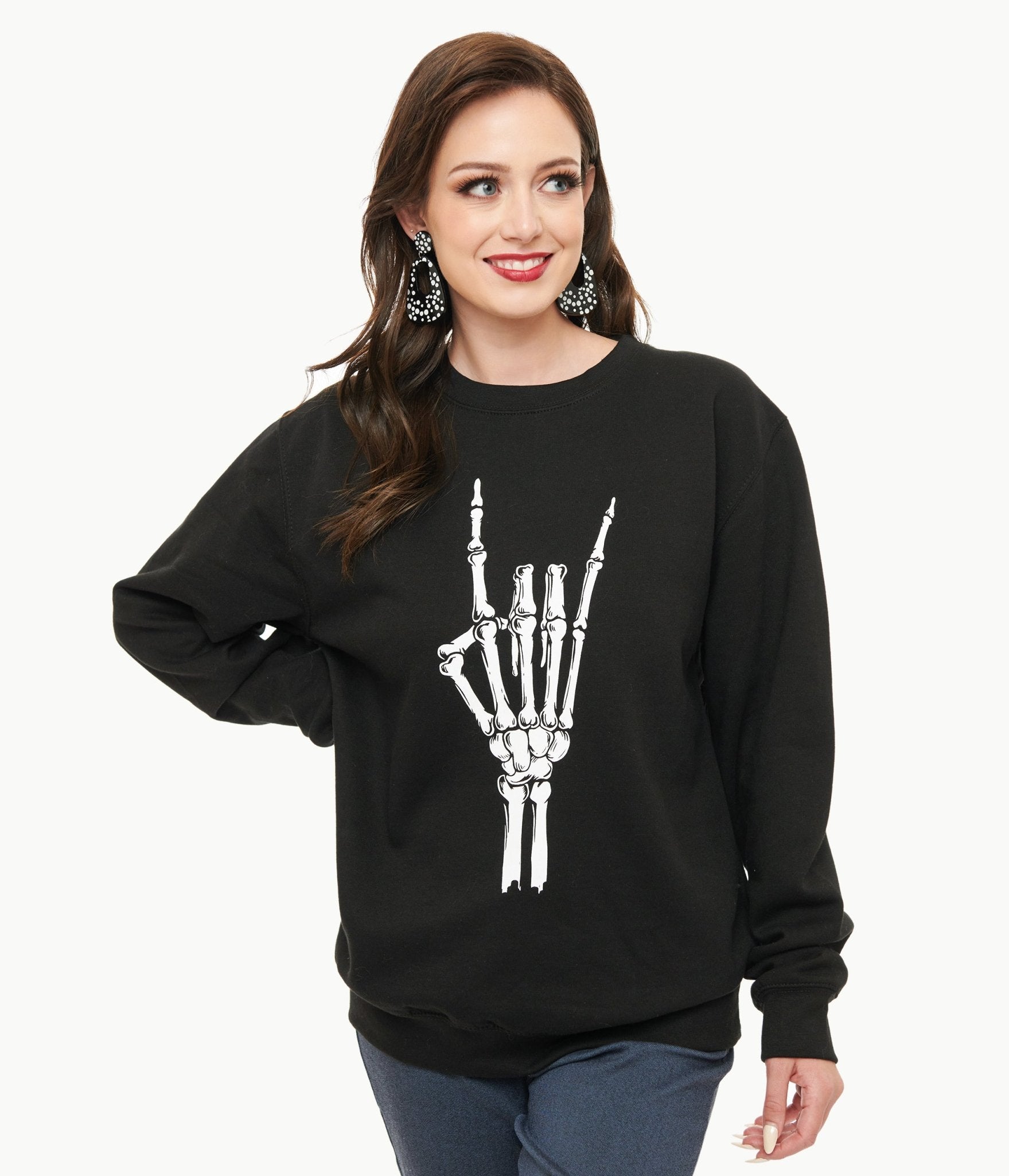 Pretty Attitude Clothing Metal Horns Skeleton Hand Sweatshirt - Unique Vintage - Womens, TOPS, SWEATERS