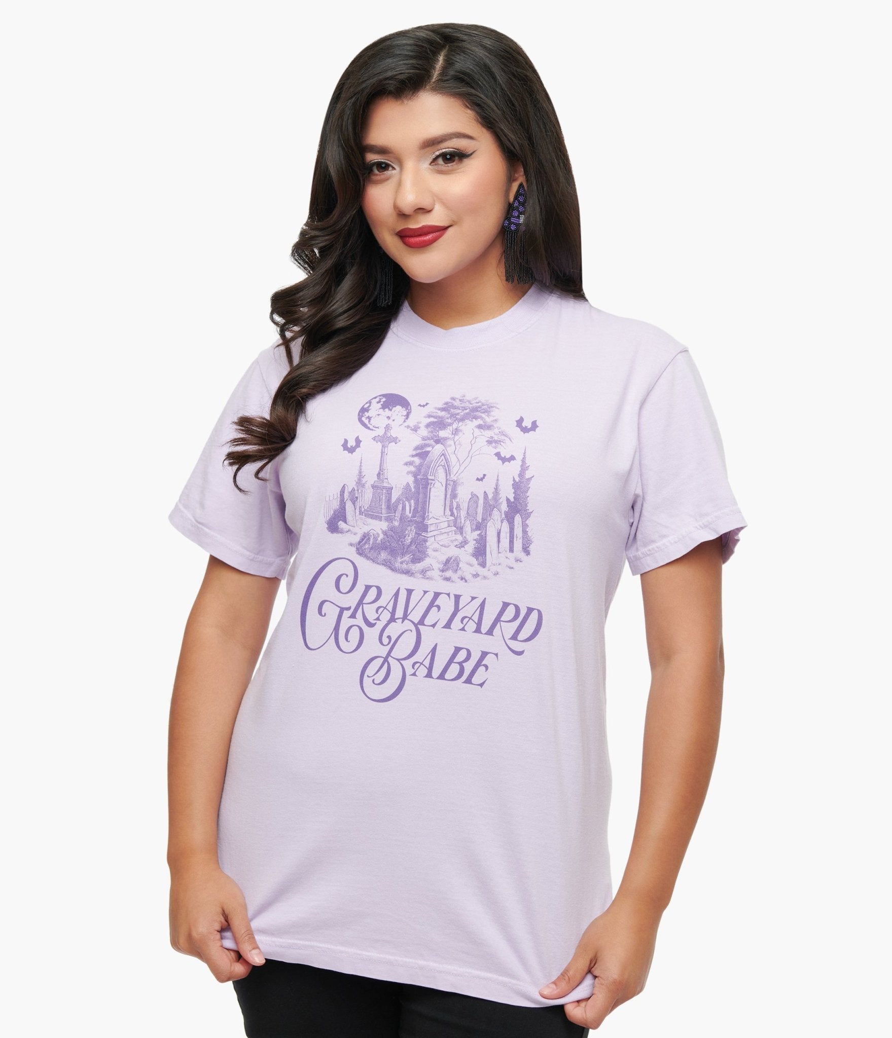 Purple Graveyard Babe Unisex Graphic Tee - Unique Vintage - Womens, HALLOWEEN, GRAPHIC TEES