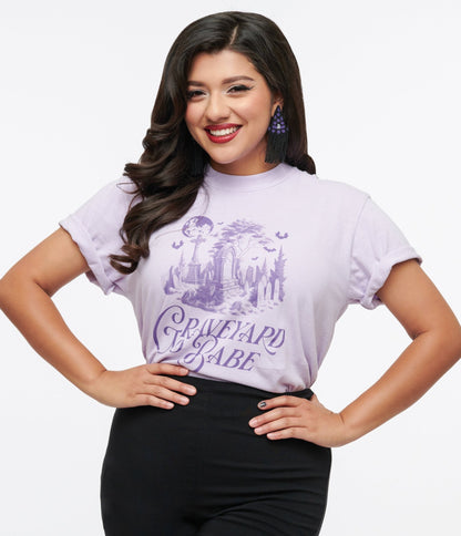 Purple Graveyard Babe Unisex Graphic Tee - Unique Vintage - Womens, HALLOWEEN, GRAPHIC TEES