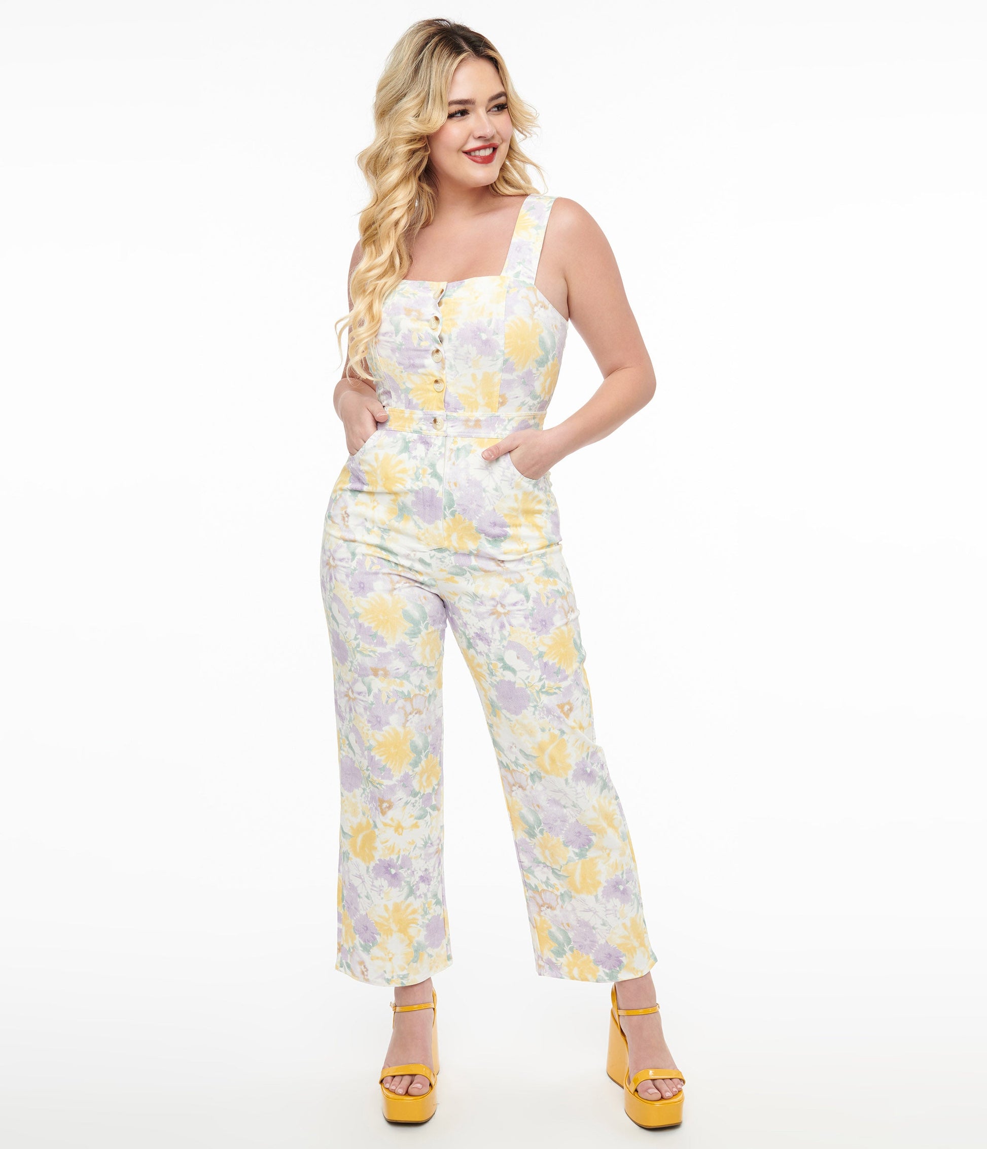 Purple & Yellow Pastel Floral Jumpsuit - Unique Vintage - Womens, BOTTOMS, ROMPERS AND JUMPSUITS