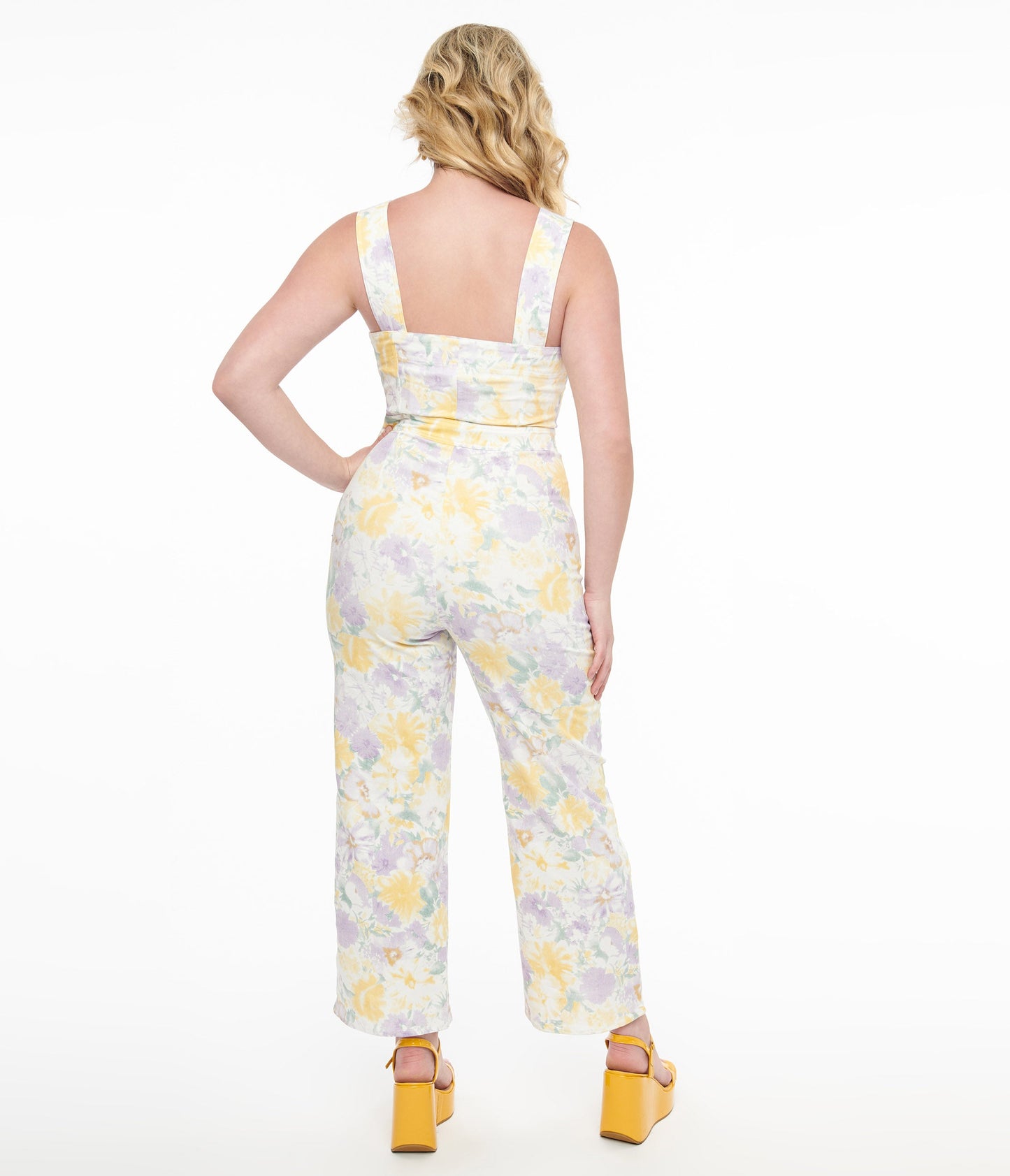 Purple & Yellow Pastel Floral Jumpsuit - Unique Vintage - Womens, BOTTOMS, ROMPERS AND JUMPSUITS