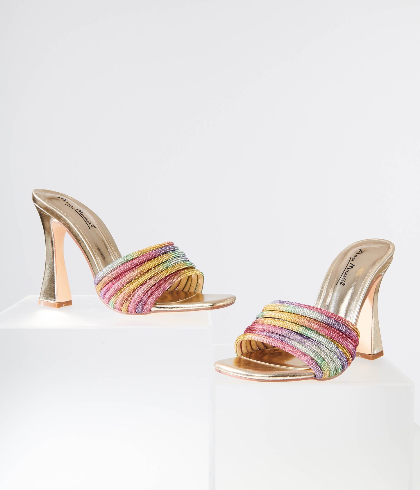 Rainbow Rhinestone & Metallic Gold Heels - Unique Vintage - Womens, SHOES, HEELS